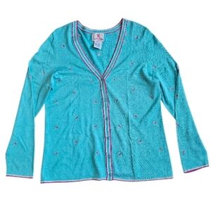 Vintage Quacker Factory Aqua Embroidered Flowers Silk Blend Cardigan Sweater